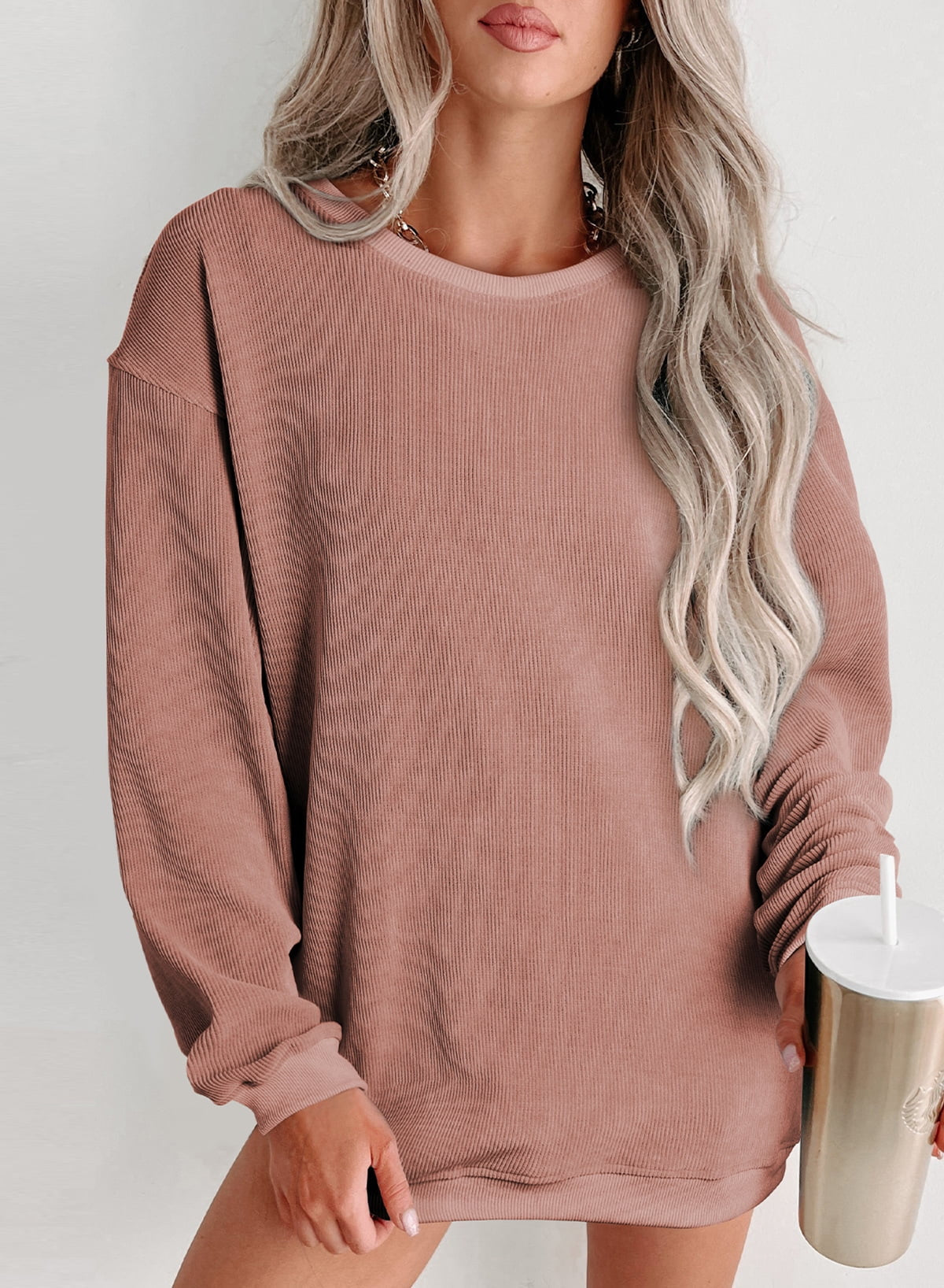 Womens Sweatshirt Oversized Casual Crew Neck Loose Corduroy Sweatshirt Pullover Fashion Long Sleeve Comfy Tops