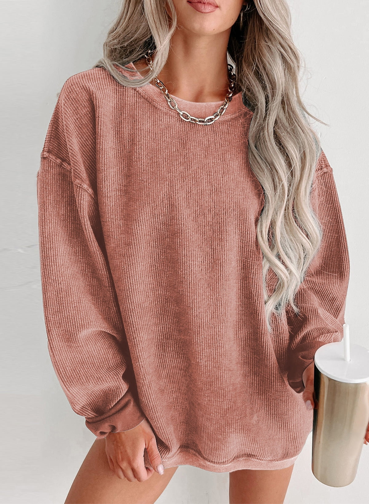 Womens Sweatshirt Oversized Casual Crew Neck Loose Corduroy Sweatshirt Pullover Fashion Long Sleeve Comfy Tops