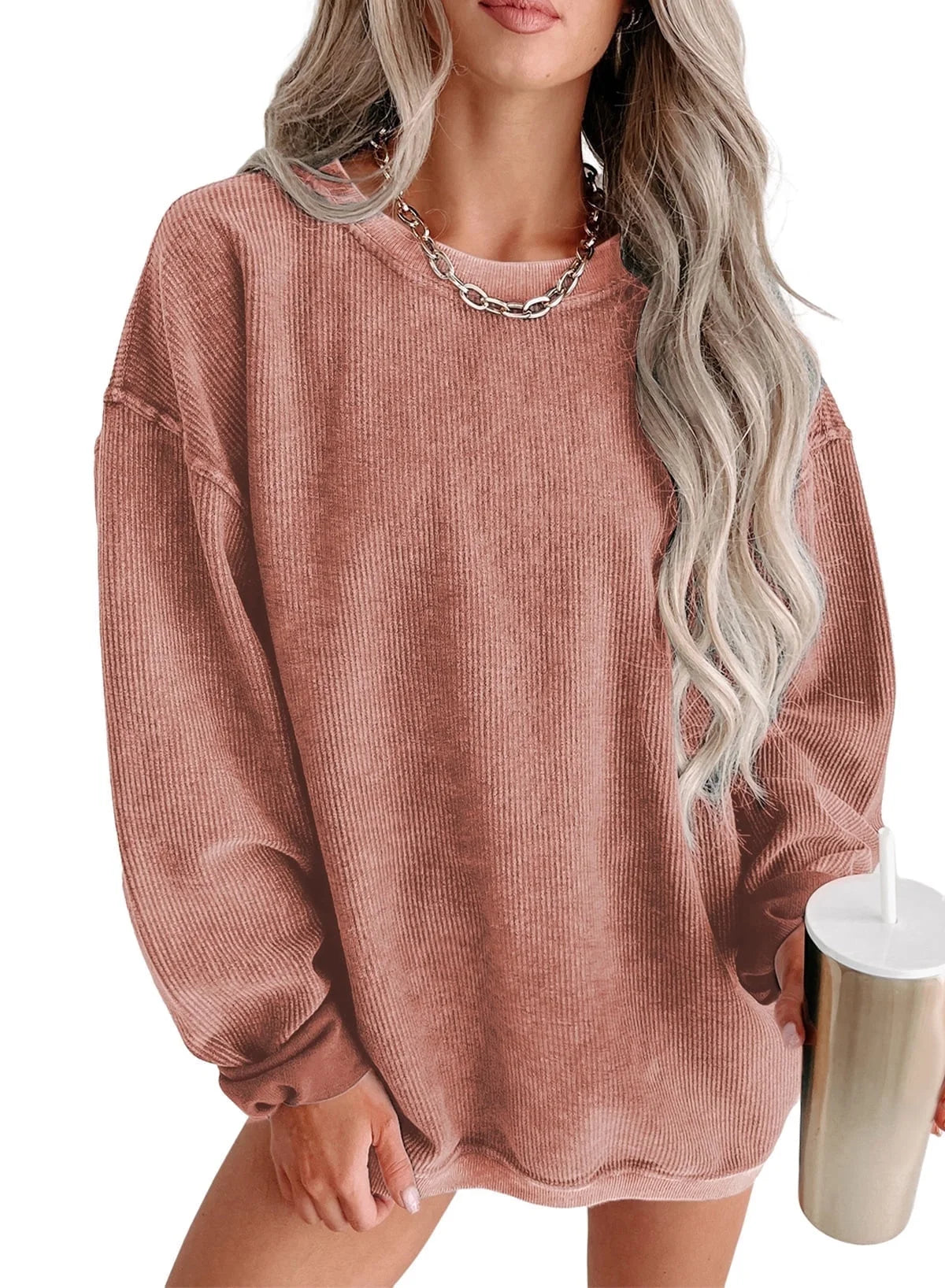 Womens Sweatshirt Oversized Casual Crew Neck Loose Corduroy Sweatshirt Pullover Fashion Long Sleeve Comfy Tops